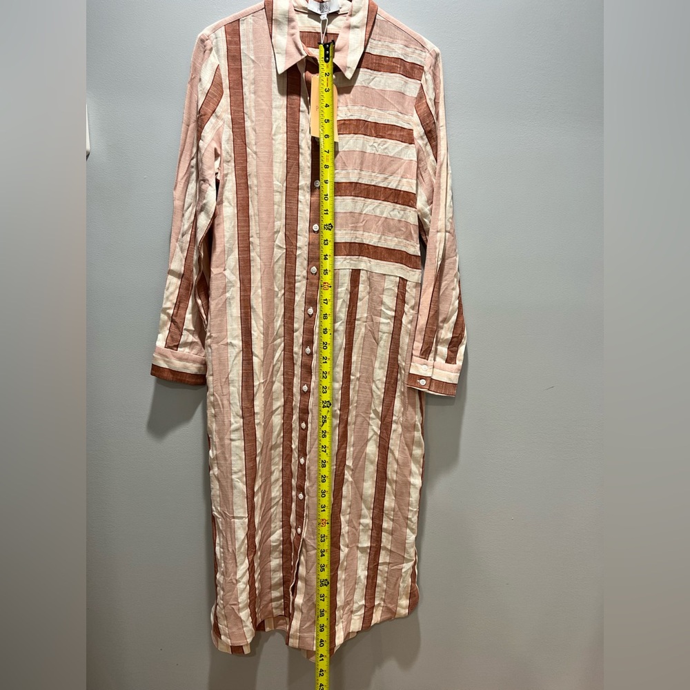 NWT Pearl by Lela Rose Striped Midi Shirtdress Blush Multi Cotton Linen Blend,M - Picture 6 of 11